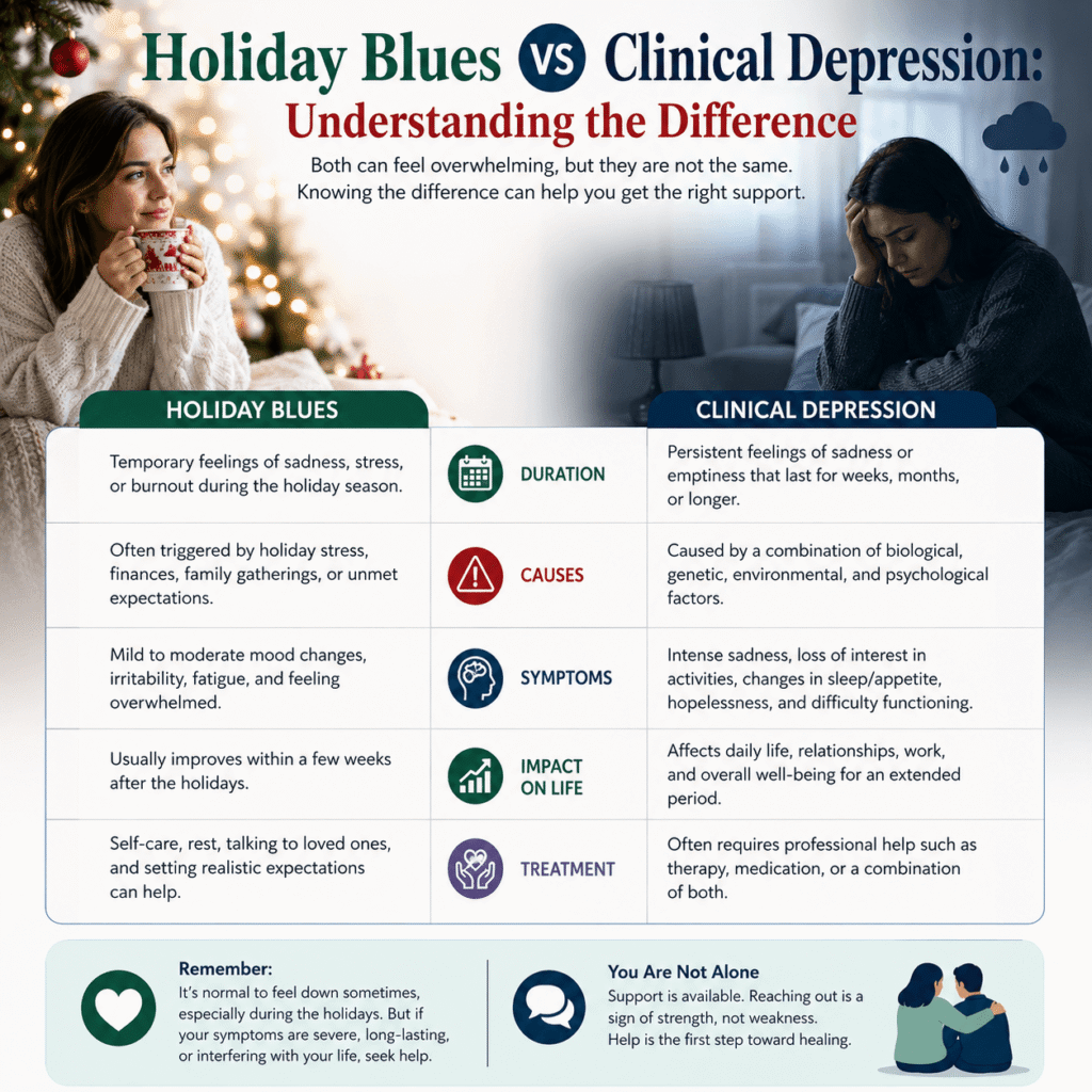 difference between holiday blues and clinical depression
