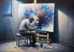 Artist painting an emotional, colorful portrait symbolizing bipolar disorder and creative expression.