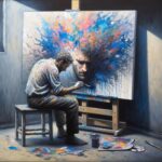Artist painting an emotional, colorful portrait symbolizing bipolar disorder and creative expression.