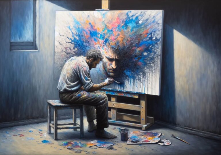 Artist painting an emotional, colorful portrait symbolizing bipolar disorder and creative expression.