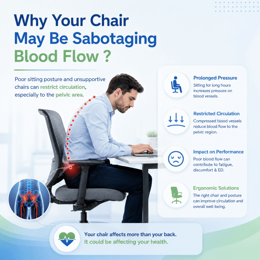 Office worker with poor sitting posture illustrating how prolonged chair use may restrict pelvic blood flow and affect men's vascular health.