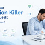 Man sitting at an office desk highlighting how prolonged sitting and a sedentary lifestyle can reduce blood flow and contribute to erectile dysfunction.