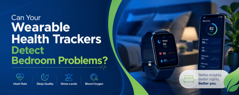 Wearable health tracker infographic showing smartwatch health metrics linked to sexual wellness and bedroom health insights.